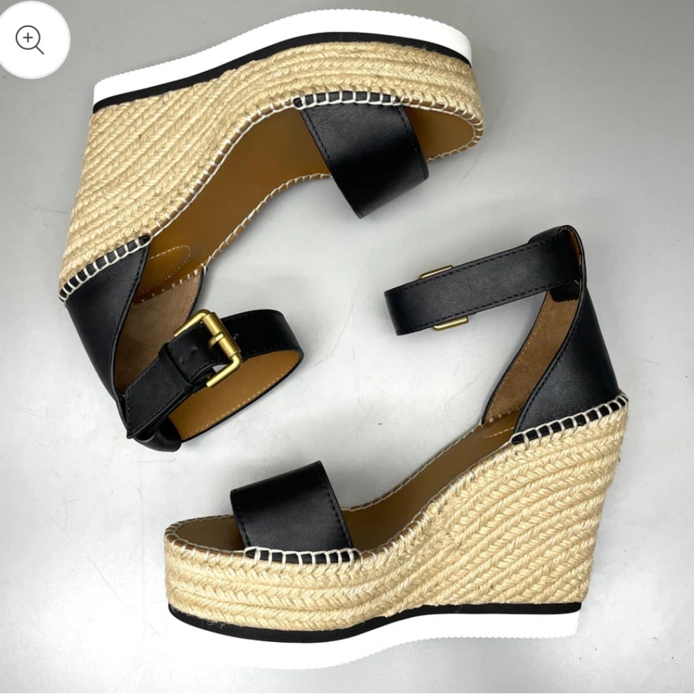SEE BY CHLOÉ Glyn Wedge Espadrilles Black Leather sandals - Picture 7 of 12